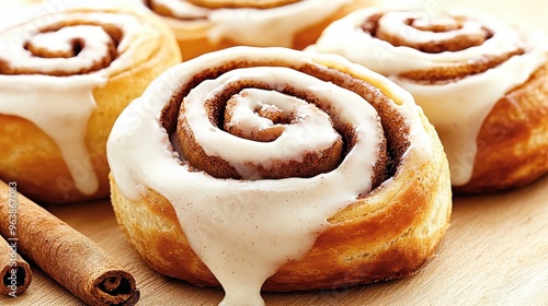 Closeup of Freshly Baked Cinnamon Rolls with Icing and Cinnamon Sticks photo