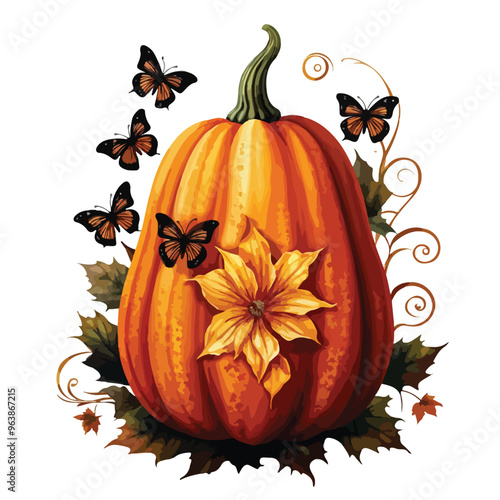 Watercolor Gothic Pumpkin Flowers Arrangement. Isolated Generative Dark Pumpkin for Fall Season Fantasy Clipart.
