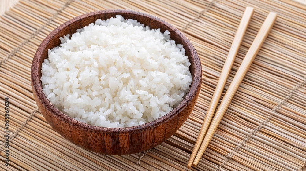 Bowl of White Rice with Chopsticks on Bamboo Mat Bowl of White Rice with Chopsticks on Bamboo Mat