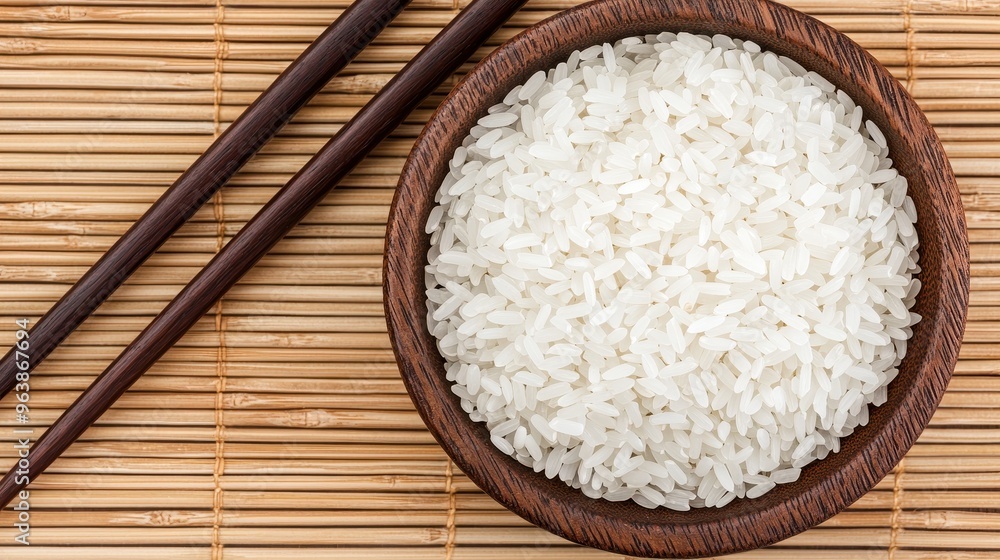 Close Up Of White Rice In Wooden Bowl With Chopsticks On Bamboo Mat Close Up Of White Rice In Wooden Bowl With Chopsticks On Bamboo Mat