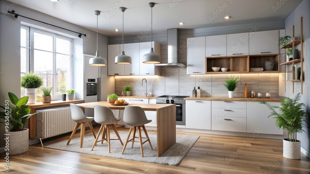 Modern Scandinavian-style apartment interior with sleek kitchen design Modern Scandinavian-style apartment interior with sleek kitchen design