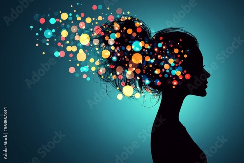 Neuronal activity hemispheric activity and thought pathways silhouette of a woman with colorful abstract bubbles flowing from her head on a blue background symbolizing creativity
