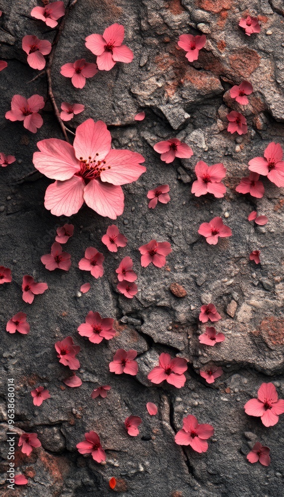 Obraz premium Pink Flowers Scattered on Rough Gray Rock