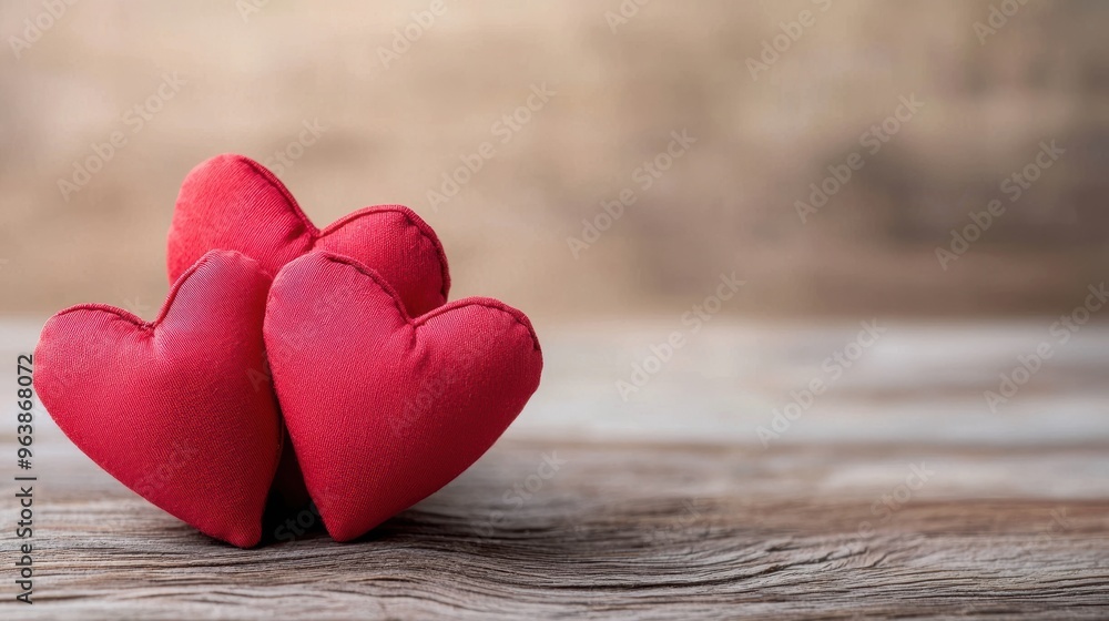 A beautiful arrangement of plush red hearts on a rustic wooden background, symbolizing love and affection. A beautiful arrangement of plush red hearts on a rustic wooden background, symbolizing love and affection.