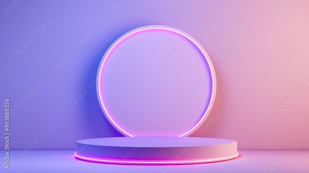 A modern showcase featuring a circular neon light against a gradient background, perfect for displaying products or art. A modern showcase featuring a circular neon light against a gradient background, perfect for displaying products or art.