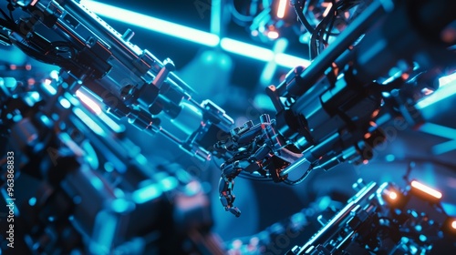 Robotic arms assembling and moving around small shiny objects for aerospace manufacturing processes. Futuristic factory shop floor in lights and fair colors