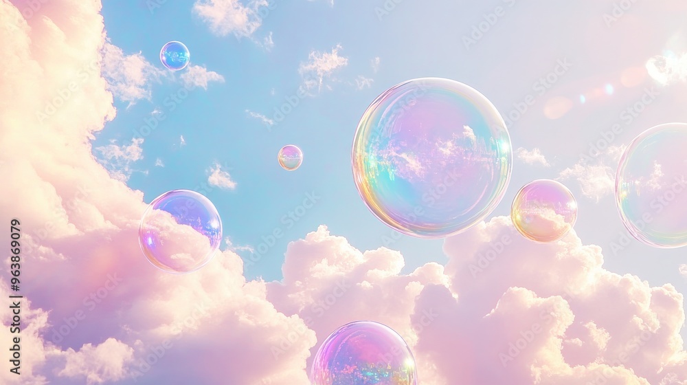 Pastel clouds and rainbow-colored soap bubbles floating against a serene sky, creating a light, dreamlike scene. Pastel clouds and rainbow-colored soap bubbles floating against a serene sky, creating a light, dreamlike scene.