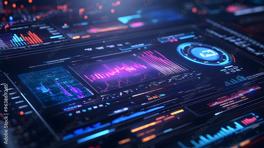 Futuristic data dashboard with vibrant graphs and metrics, showcasing advanced analytics and technology interface. Futuristic data dashboard with vibrant graphs and metrics, showcasing advanced analytics and technology interface.