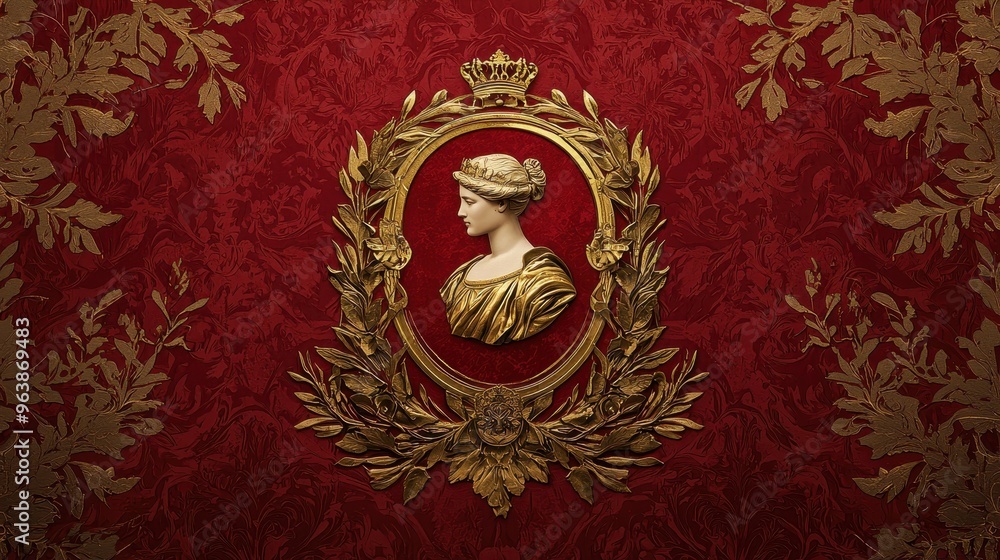 Gold Ornate Frame with Bust of Woman in Profile Against Red Damask Background Gold Ornate Frame with Bust of Woman in Profile Against Red Damask Background