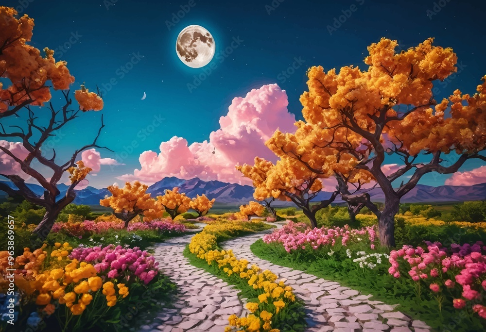Fototapeta premium Beautiful and Peaceful Nature Scenery Illustration, Landscape, Countryside, Tranquil, Vibrant and Colorful