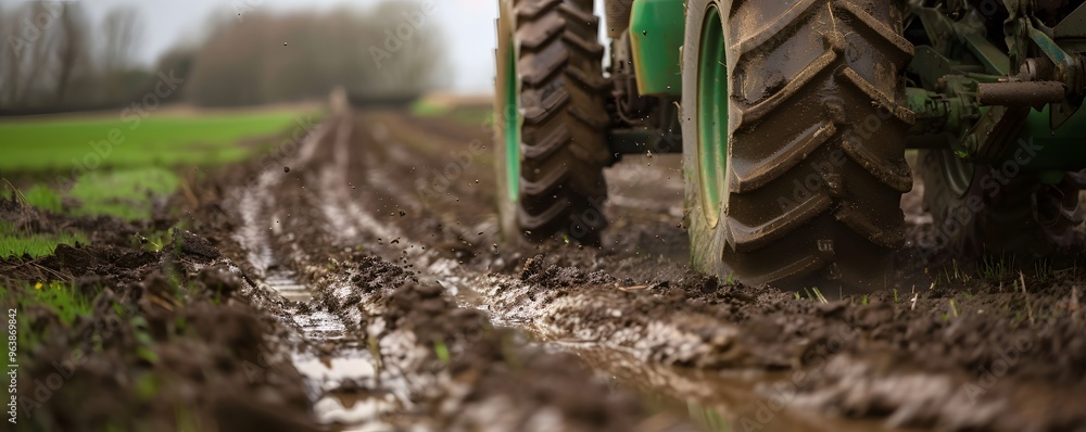 Fototapeta premium Tractor Tire Leaving Mud Splashes in a Field