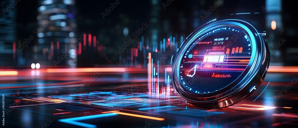 Futuristic interface featuring a digital speedometer on a glowing ...