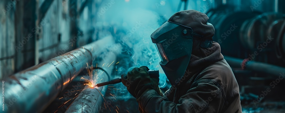 Welder in Protective Gear Welding Metal Pipes Welder in Protective Gear Welding Metal Pipes