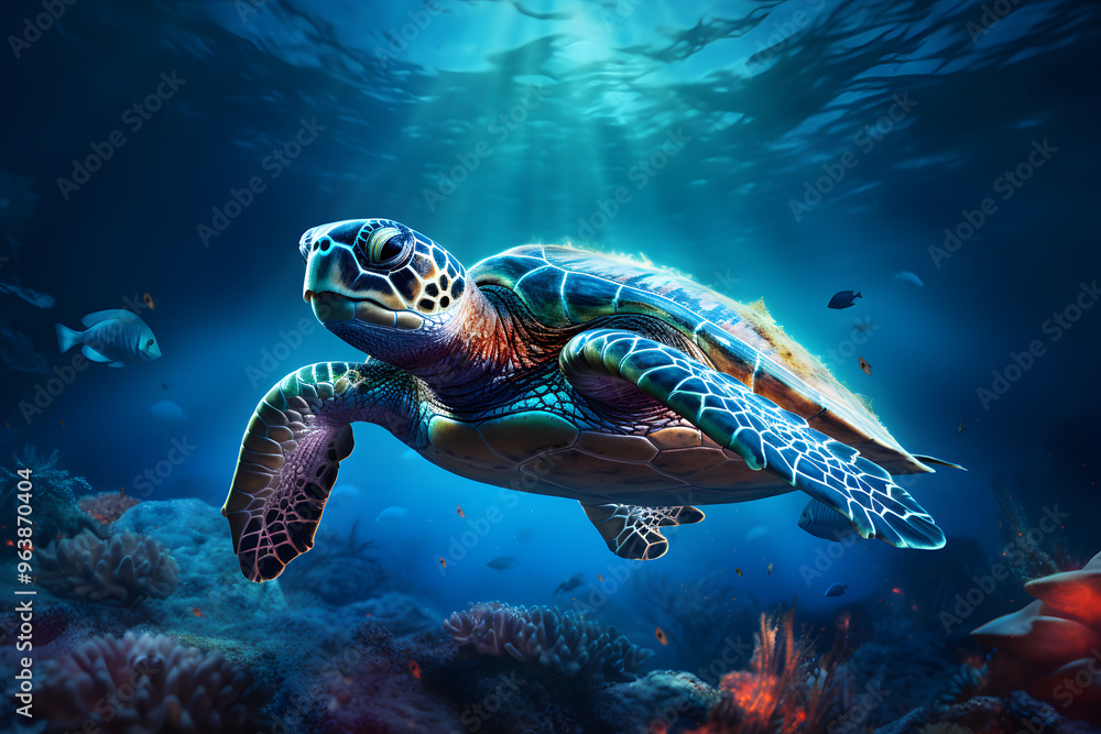 Fototapeta premium A graceful turtle gliding through clear blue waters, showcasing the beauty of marine life and underwater biodiversity.
