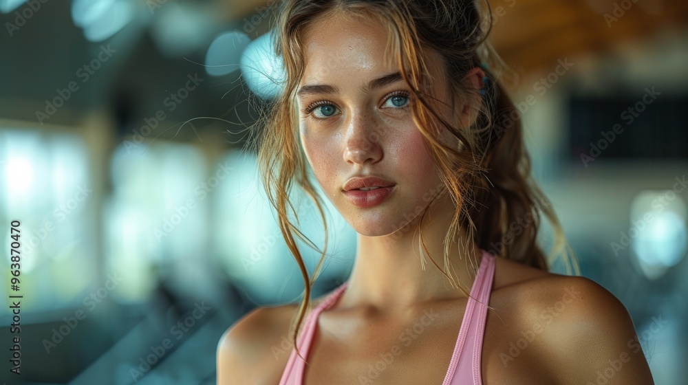 Sporty young woman checking her pulse after training in gym Sporty young woman checking her pulse after training in gym