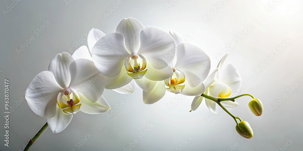 A beautiful, blooming white orchid placed against a clean, pure-white backdrop, with dramatic lighting that accentuates its delicate petals and subtle texture. A beautiful, blooming white orchid placed against a clean, pure-white backdrop, with dramatic lighting that accentuates its delicate petals and subtle texture.