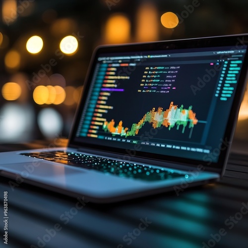 Laptop screen displaying a stock market graph.