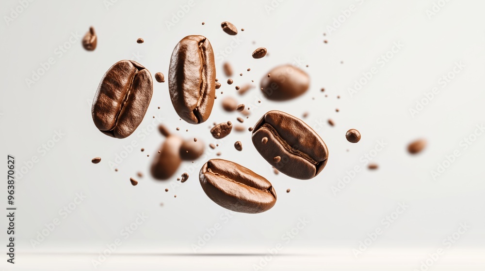 Coffee beans floating mid-air with finely ground particles captured in bright, soft light. Coffee beans floating mid-air with finely ground particles captured in bright, soft light.