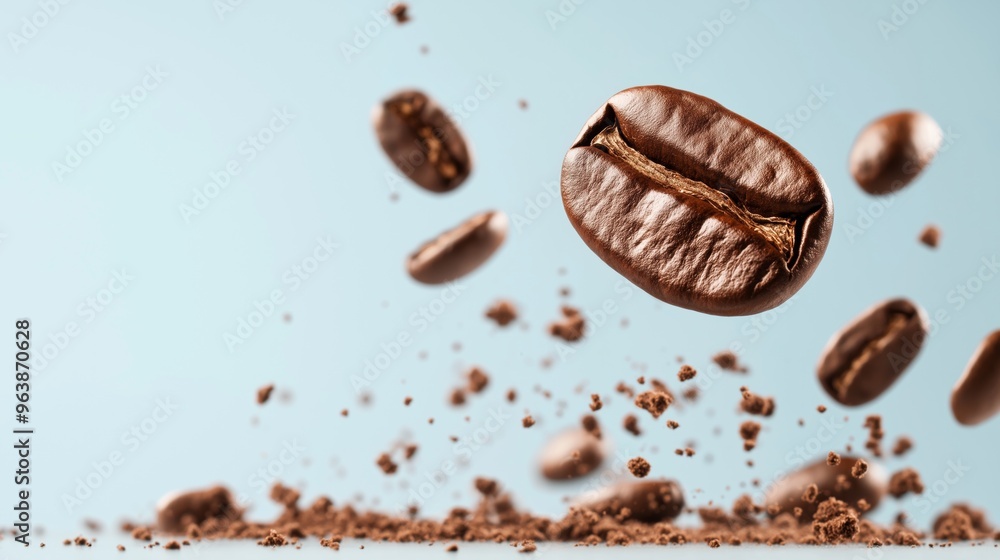 Floating coffee beans captured in mid-air, showcasing their rich texture and color against a light blue background. Floating coffee beans captured in mid-air, showcasing their rich texture and color against a light blue background.
