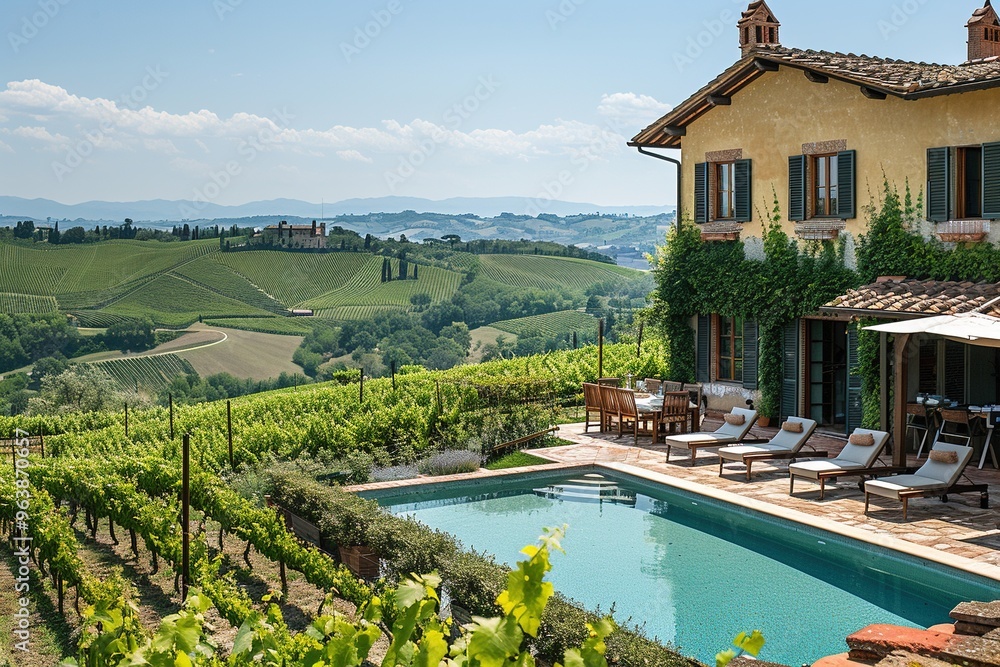 Fototapeta premium A large house with a pool and a vineyard in the background