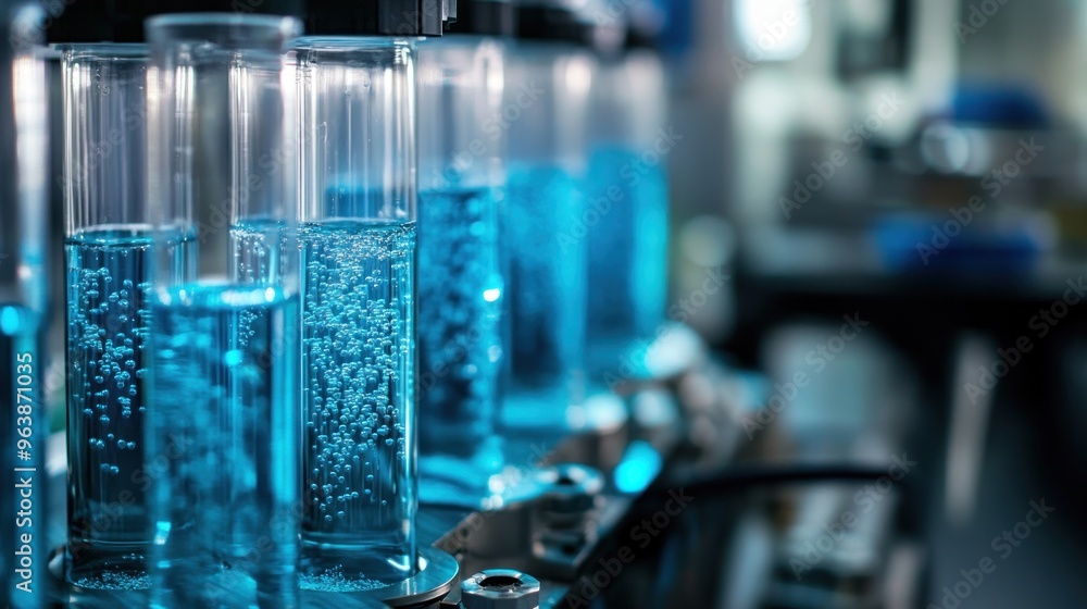 Hydrogen gas being produced through electrolysis, bubbles forming as hydrogen rises in the tank Hydrogen gas being produced through electrolysis, bubbles forming as hydrogen rises in the tank
