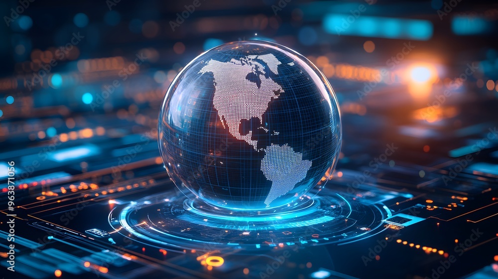 A futuristic 3D globe illustration, showcasing a digital world overlaid on a circuit background, representing technology and connectivity. A futuristic 3D globe illustration, showcasing a digital world overlaid on a circuit background, representing technology and connectivity.