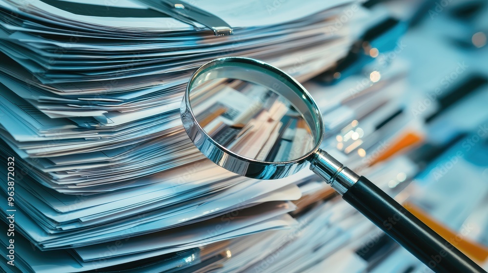 Magnifying Glass on Stack of Papers for Research and Investigation Magnifying Glass on Stack of Papers for Research and Investigation