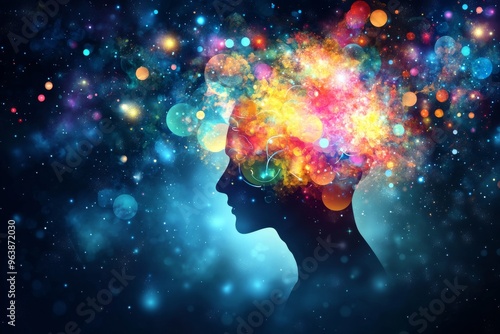 Perceptual constancy thought form geometry and cognitive flow artistic silhouette of a head with colorful starry particles inside symbolizing imagination and dreamlike thinking