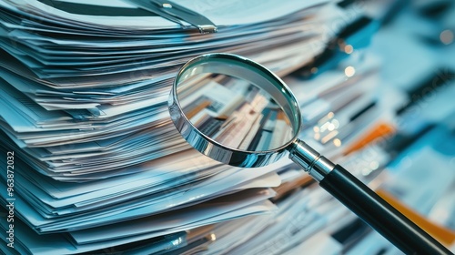 Magnifying Glass on Stack of Papers for Research and Investigation photo