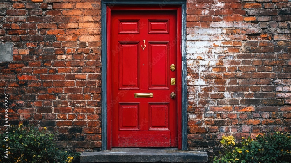 The elegance of a red door on a textured brick wall, blending classic architecture with a striking color palette. The elegance of a red door on a textured brick wall, blending classic architecture with a striking color palette.
