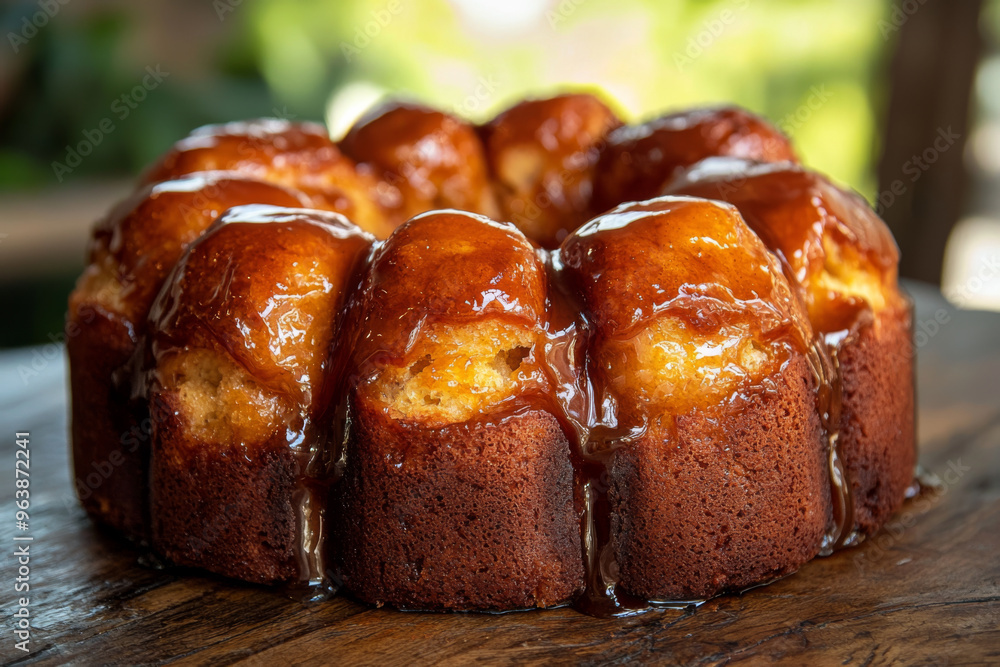 A delicious bundt cake with a glossy caramel glaze, presented on a wooden surface, perfect for dessert or celebration. A delicious bundt cake with a glossy caramel glaze, presented on a wooden surface, perfect for dessert or celebration.