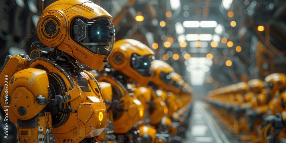 Fototapeta premium The assembly line composed of robot arms, the logistics industry, the unmanned factory, the Courier industry, and the vast space ,high quality 