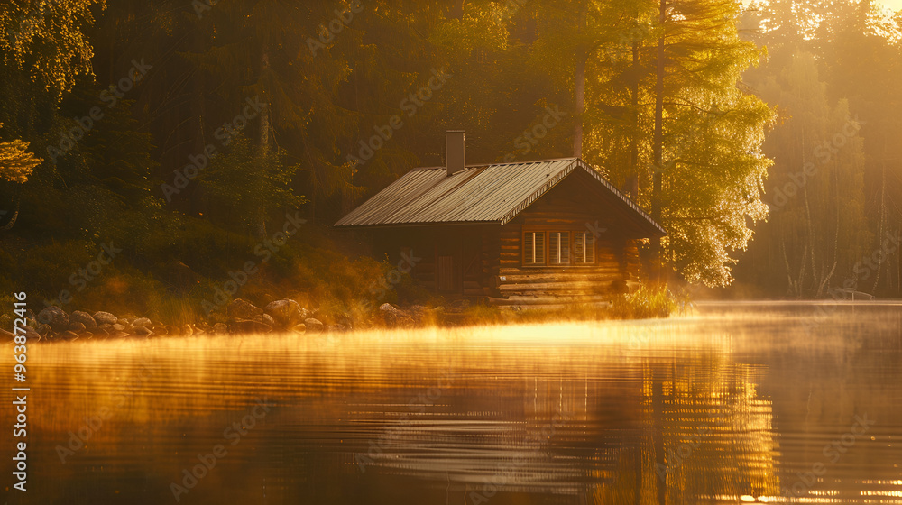 Fototapeta premium Autumnal reflections in a tranquil lakeside cottage, nestled amidst a lush forest