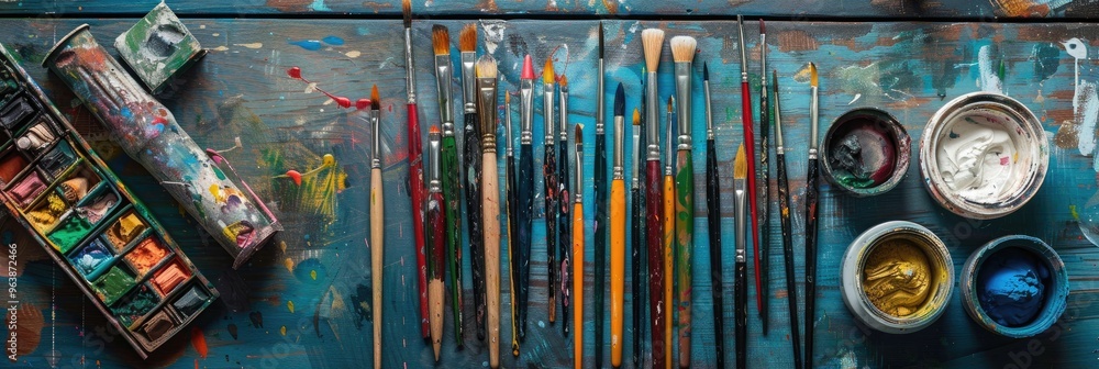 Bird's-eye view of artistic tools and supplies featuring brushes, pencils, and craft materials with an unboxing theme. Bird's-eye view of artistic tools and supplies featuring brushes, pencils, and craft materials with an unboxing theme.