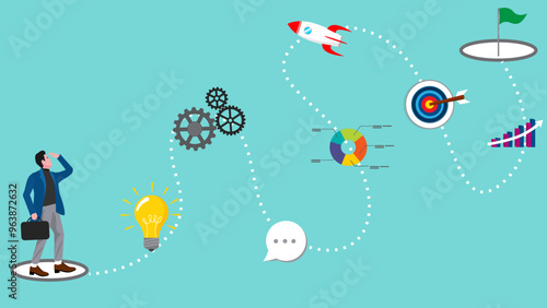 winning business plan, strategy step to achieve business goal, flowchart to succeed concept, project management on career journey, businessman walk on winning business plan journey