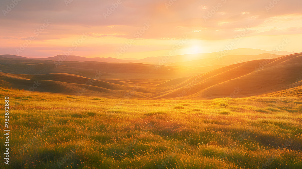 Golden sunlight paints a canvas of green grass and rolling hills, as the sun dips below the horizon, casting a warm glow across the vast rural landscape Golden sunlight paints a canvas of green grass and rolling hills, as the sun dips below the horizon, casting a warm glow across the vast rural landscape