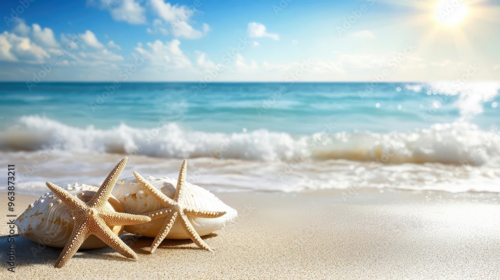 A beautiful beach wallpaper showing a scene of bright sunny beach with white sand, sea water, and other beach objects A beautiful beach wallpaper showing a scene of bright sunny beach with white sand, sea water, and other beach objects