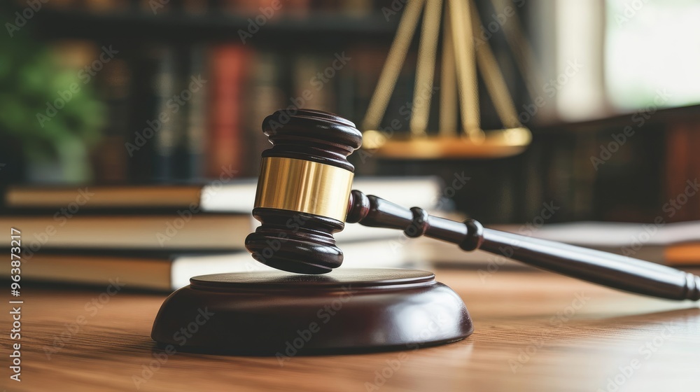 The weight of justice captured in a gavel on a wooden desk, flanked by legal volumes, ready for a ruling. The weight of justice captured in a gavel on a wooden desk, flanked by legal volumes, ready for a ruling.