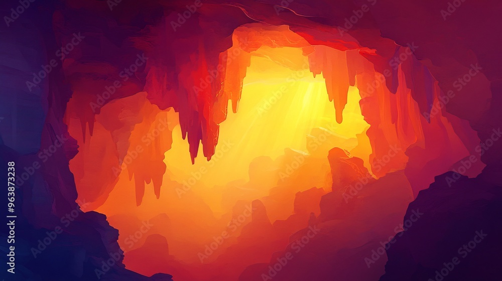 Fototapeta premium A stunning cave interior with vibrant orange and yellow hues illuminating the stalactites.