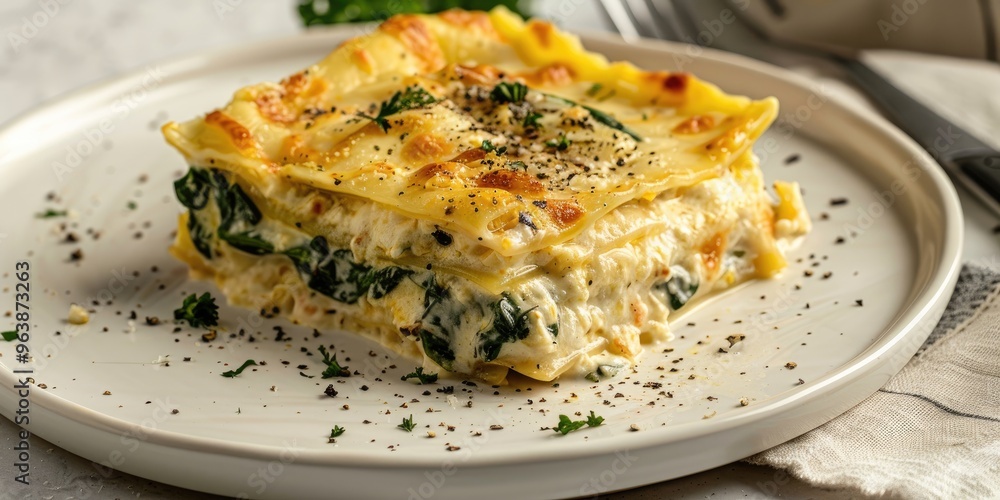 Creamy Vegetarian Lasagna Served on a Light-Colored Plate Creamy Vegetarian Lasagna Served on a Light-Colored Plate