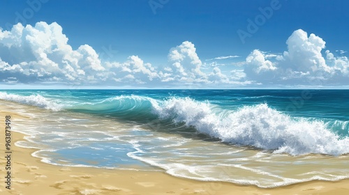 A beautiful beach wallpaper showing a scene of bright sunny beach with white sand, sea water, and other beach objects