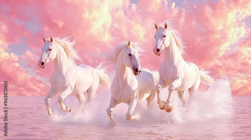 Three White Horses Running Through Water with Pink Sunset Sky Three White Horses Running Through Water with Pink Sunset Sky