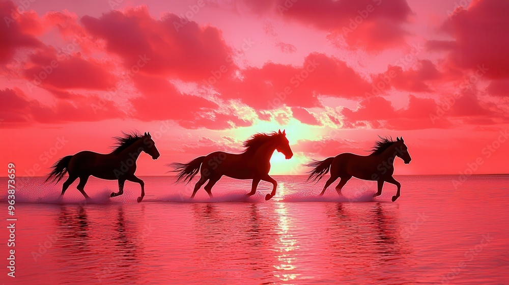 Three Horses Running in Red Sunset Water Three Horses Running in Red Sunset Water