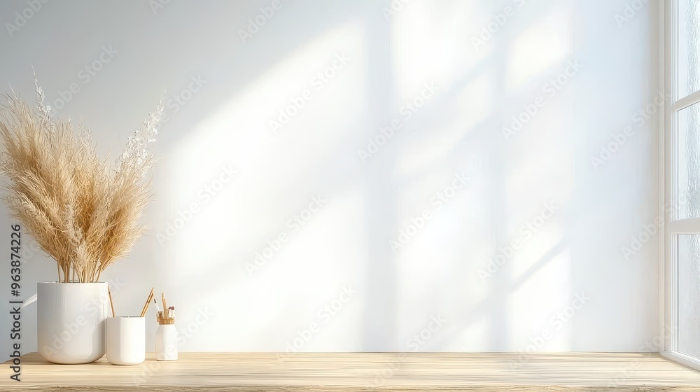 Minimalist White Wall With Wooden Table and Dried Flowers Minimalist White Wall With Wooden Table and Dried Flowers
