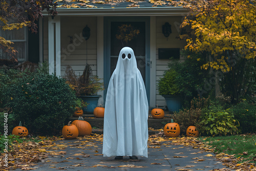 a child dressed as a ghost with a white sheet and mask