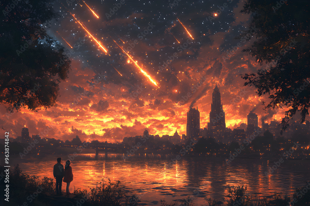 A couple sitting on top of a mountain  pointing at shooting stars in the sky