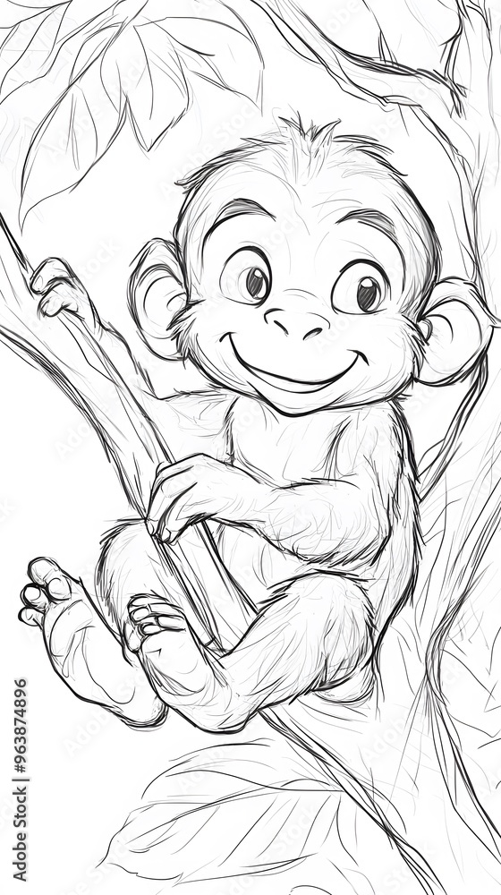 Sketch of a Smiling Baby Monkey in a Tree Sketch of a Smiling Baby Monkey in a Tree