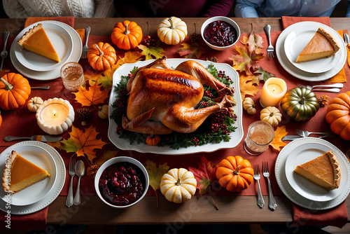 Festive Thanksgiving and Autumn themed dinner set with roasted turkey and pumpkin pie.