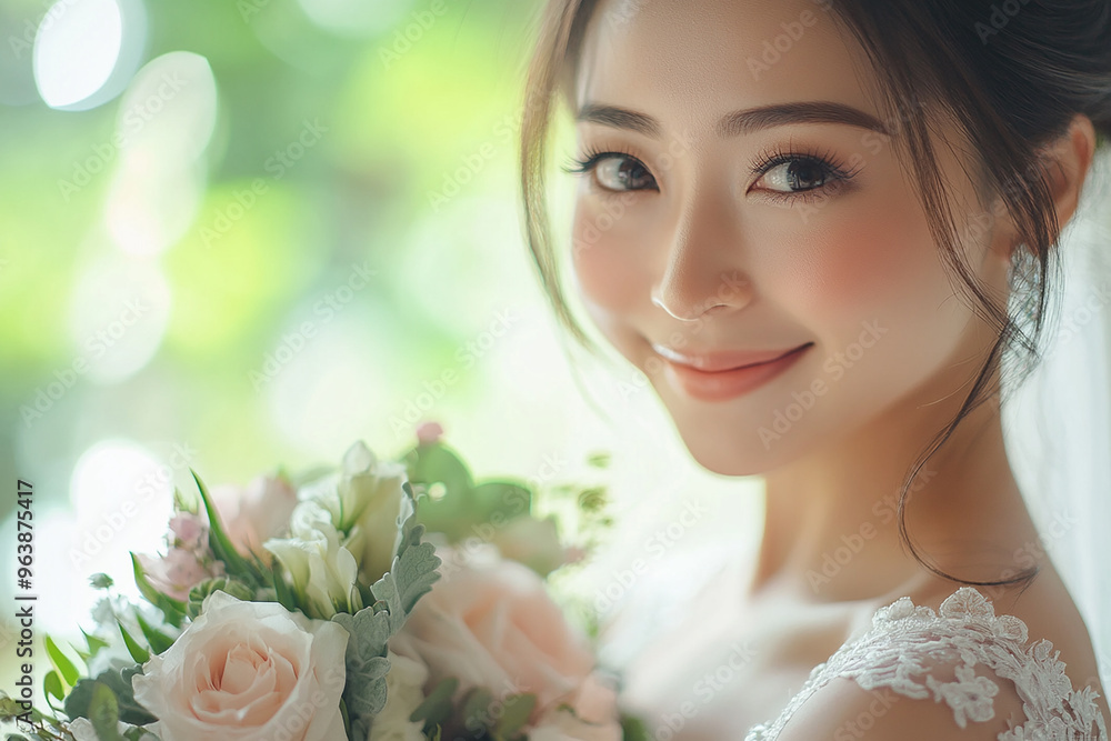 The bouquet consists of roses and other florals in shades of pink, peach, and white, with green foliage interspersed The bouquet consists of roses and other florals in shades of pink, peach, and white, with green foliage interspersed