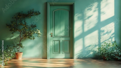 3d close3d green classic door isolate3d on peachy backgroun3d illuminate3d with the sunlight minimal room interior concept photo